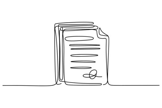Minimalist continuous line drawing of a stacked document with signature and lines vector
