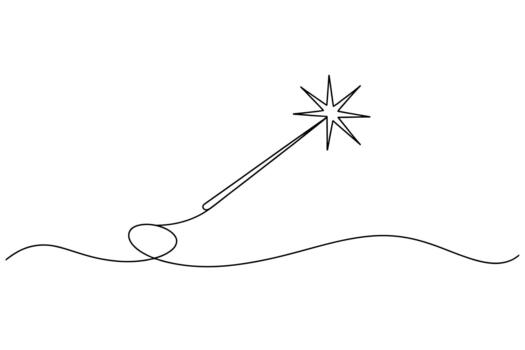 A simple line drawing of a twinkling star wand with a curving trail of light vector