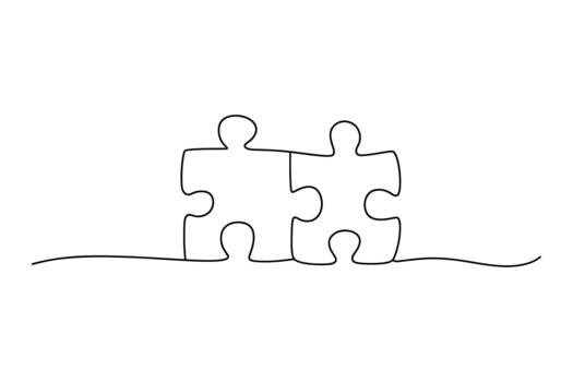 Two interlocking puzzle pieces drawn in a minimalist single line art style vector