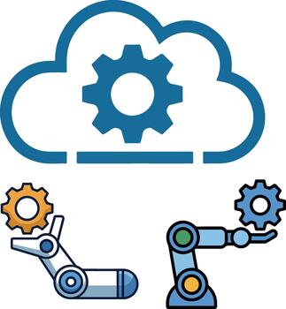 icono conjunto ilustrando nube informática integración con robótico brazo automatización para moderno industrial fabricación procesos vector