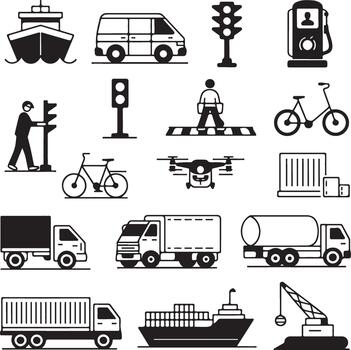 A versatile collection of modern minimalist icons illustrating various transportation methods, urban traffic flow, and global logistics solutions for design projects vector