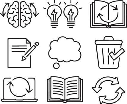Brainstorming, creativity, learning, and problem-solving icons representing idea generation, knowledge acquisition, and concept development vector