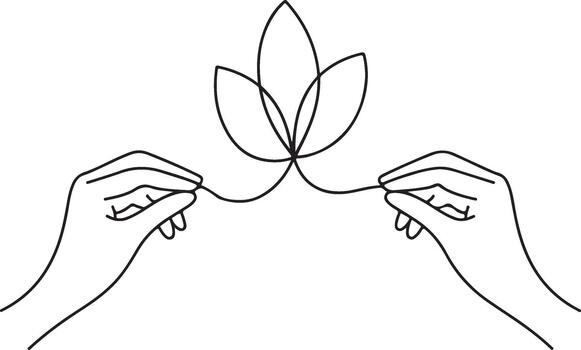 minimalista línea Arte ilustración de dos manos participación y formando un agraciado loto flor, simbolizando conexión, unidad, y sereno bienestar vector