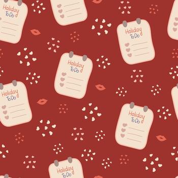 Seamless pattern with cute hand drawn Holiday To Do list memo stickers and heart confetti on a red background. Ideal for wrapping paper, fabric, or planner designs vector