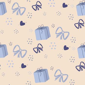 Seamless pattern with cute blue gift boxes, bows and heart shapes on a beige background. Hand drawn flat design for wrapping paper, fabric or holiday concepts vector