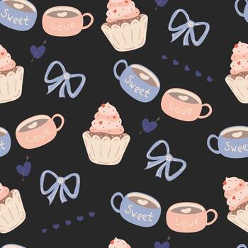 Seamless pattern with cute hand drawn cupcakes, coffee mugs, bows, and hearts on a dark background. Flat design for wrapping paper, fabric, or Valentine's Day concepts vector