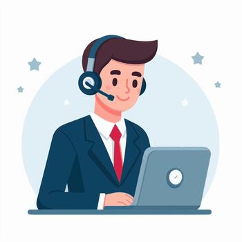 Call center operator with headset and laptop on desk vector