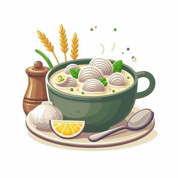 A bowl of soup with garlic and lemon slices vector