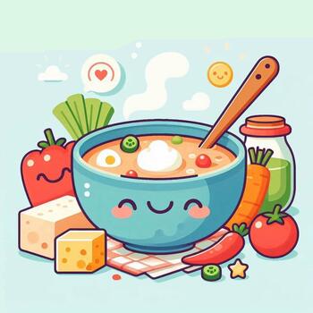 A bowl of soup with vegetables and cheese vector