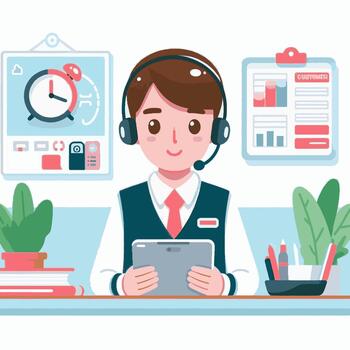 Call center agent working on his tablet, call center service illustration vector
