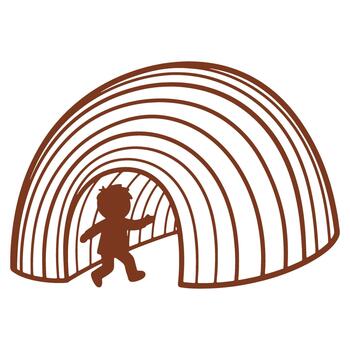 Childs Play Silhouette of a Boy Running Through Tunnel Structure with Artistic Lines and Shapes in Brown Color vector