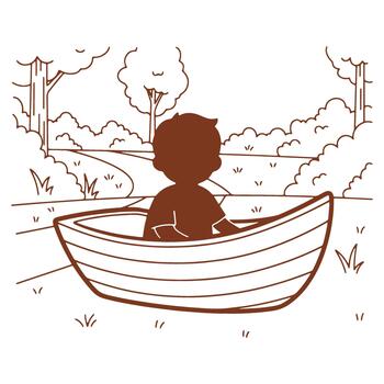 Boy rowing in a boat on a calm river surrounded by trees illustration simple outline sketch vector