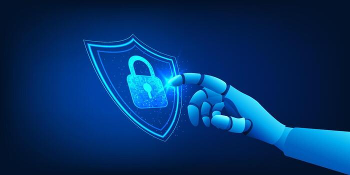 la seguridad cibernética ai proteccion con robótico mano conmovedor digital cerrar con llave, asegurado datos sistema, prevenir hackear, malware ataque proteger, inteligente seguridad red y seguro información infraestructura vector