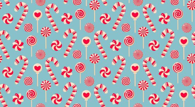 Seamless pattern featuring various red and white lollipops and candy canes on a soft pastel blue background. Cute and festive elements vector