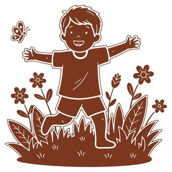 Joyful Child Running Through a Field of Flowers with Butterfly in a Simple Brown Illustration Style vector