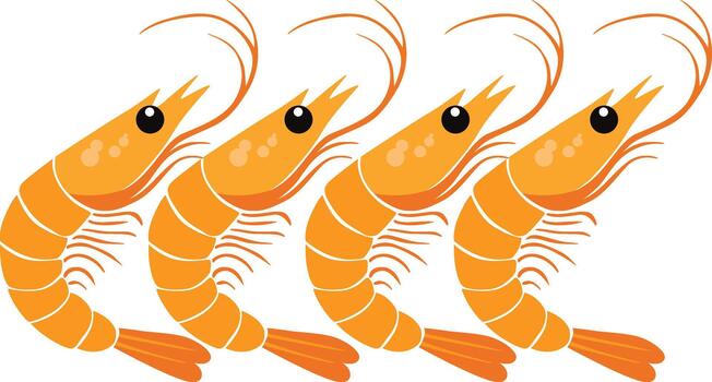 Four stylized orange shrimp are lined up, facing the same direction, with visible eyes and antennae. vector