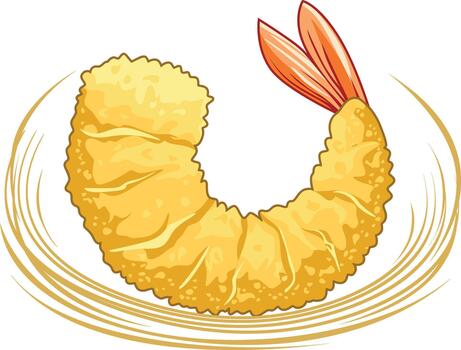 A single, golden-brown tempura shrimp, curled and crispy, is presented on a white surface with a subtle shadow. vector
