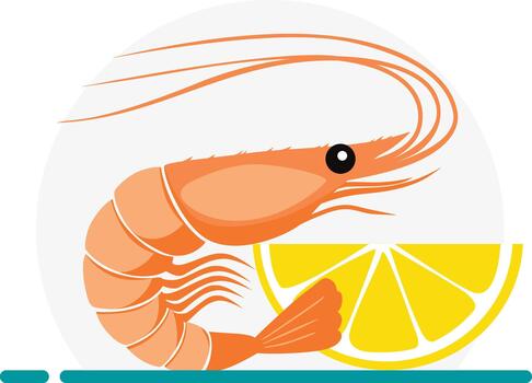 Illustration of a cooked shrimp with long antennae, resting next to a slice of lemon, all on a teal base against a white circle. vector