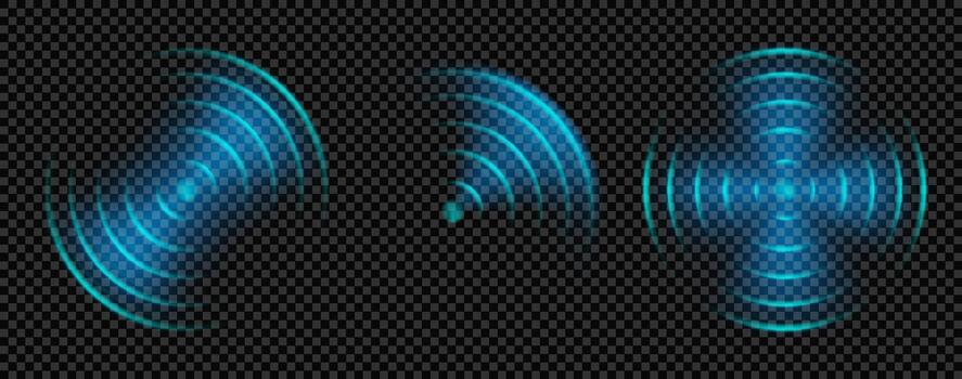 Sonar wave effect with radar signal and blue light ripple for tech. Neon 3d glow with radial circular echo in technology sensor. Abstract hud wireless network transparent background graphic vector