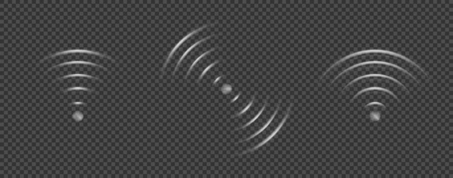 Sonar wave effect with circular wifi ripple and radar signal for technology. Concentric neon sound vibration frequency in radial ultrasonic motion for tech background. White transparent overlay vector