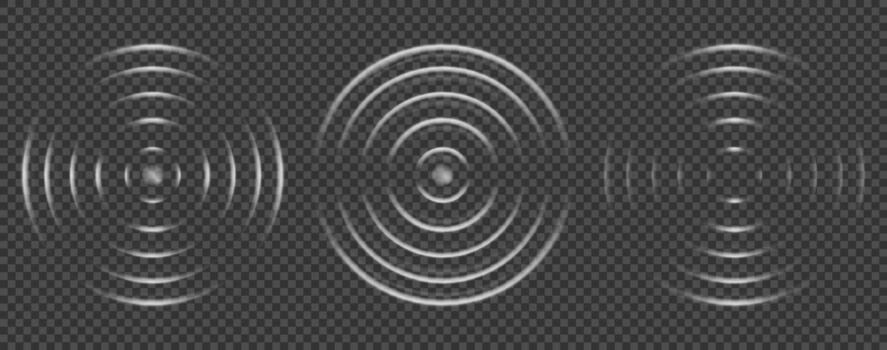 Sound wave ripple with circular wifi signal and radar sonar effect for technology. White concentric neon ultrasonic pulse in radial vibration motion for tech background. Abstract transparent alert vector