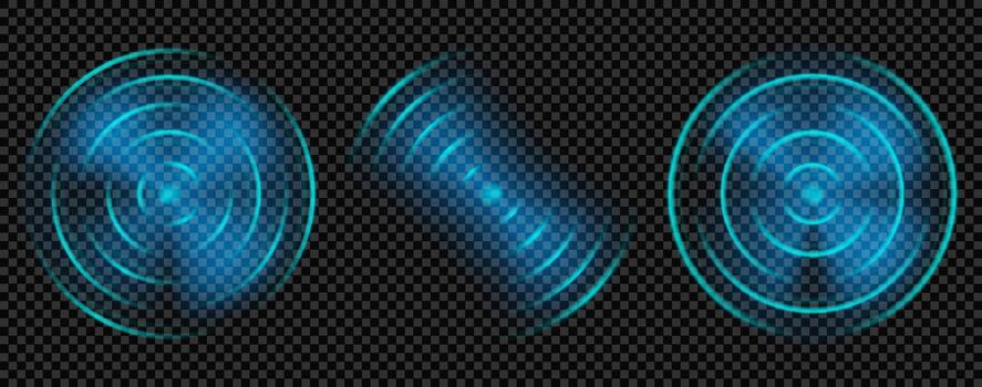 Wifi wave light effect with radar sound signal. Blue sonar range graphic for tech background. 3d neon ripple with glow and radial echo for technology. Circular abstract hud transparent overlay vector