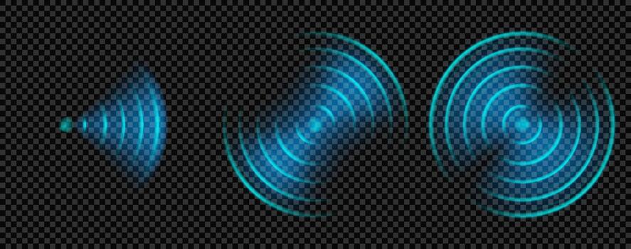 Sonar sound effect with wifi radar signal and blue light glow. Neon 3d tech ripple with circular radial echo. Technology sensor frequency for background. Abstract laser icon design for hud overlay vector