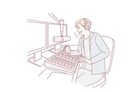 Smiling radio host talk on microphone in air vector