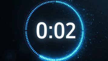 dynamisch glühend Countdown Timer Animation im Blau und Weiß auf schwarz Hintergrund zum Präsentationen oder Intros, ein modern Digital Uhr Ticken Nieder video