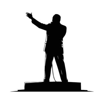 Silhouette of a man speaking into a microphone on a platform vector