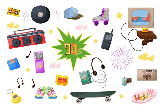 90s elements set. 90s aesthetic gadgets and devices for leisure activity. Audio player, cassette, floppy disk, boombox, roller skate, recorder, camera roll, computer game, rainbow, console. vector