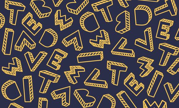 A fun and dynamic pattern featuring hand-drawn three-dimensional letters in bold yellow line art scattered across a navy background vector
