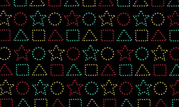 un repitiendo modelo presentando geométrico formas tal como círculos, cuadrícula, triangulos, y estrellas. cada forma es formado por un punteado contorno en diferente vibrante colores, creando un divertido vector