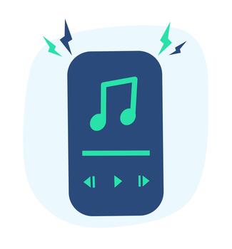 A simple flat illustration of a music player application interface in a blue and green color combination, featuring a musical note, play controls, and lightning bolt accents vector