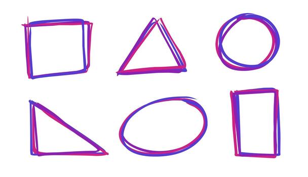 un conjunto de mano dibujado sencillo geométrico formas, incluso cuadrado, triángulo, círculo, rectángulo y oval. ellos son resumido en incompleto estilo con azul y púrpura colores. vector