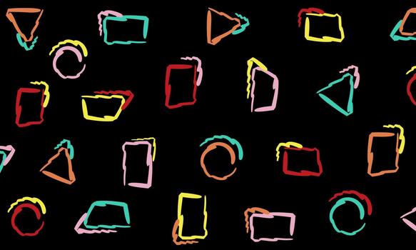 A lively pattern featuring neon scribble-style circles, triangles, squares, and abstract shapes in multiple bright colors on a dark black background vector
