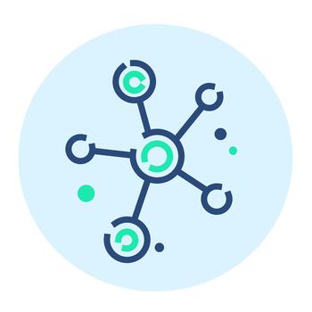 A modern flat illustration showing interconnected molecule-style nodes inside a circular blue background, perfect for technology apps, science visuals, networking graphics, analytics vector