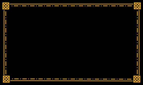 A simple elegant geometric frame featuring dashed and connected golden line art with knot-style corners on a black background, leaving a clear center area for design or text placement vector