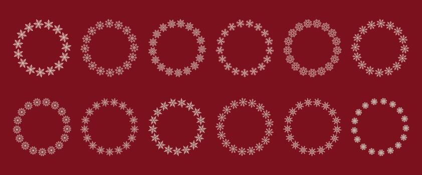 Big set of simple winter circle wreaths. Modern template of round frames from different white snowflakes on red background. Flat illustration. Ideal for invitation, cover, label, card, album vector