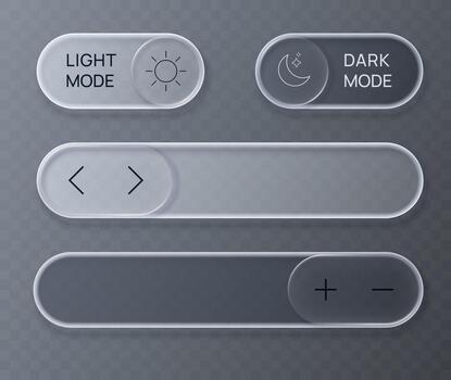 Liquid glass UI kit. Transparent glass buttons with rounded rectangle and circle elements. vector
