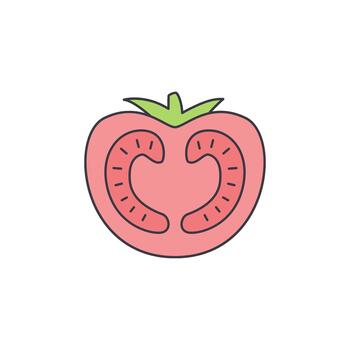 Simple flat illustration of a tomato cut in half, showcasing its internal structure with seeds and pulp, perfect for culinary and health-related designs vector