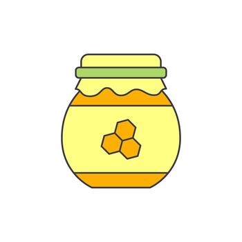 A visually appealing cartoon-style illustration of a honey jar, complete with a honeycomb pattern on its label, presented on a clean white background, perfect for culinary or natural product themes vector