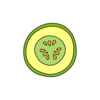 A simple, hand-drawn illustration of a sliced cucumber with visible seeds and a light green rind vector