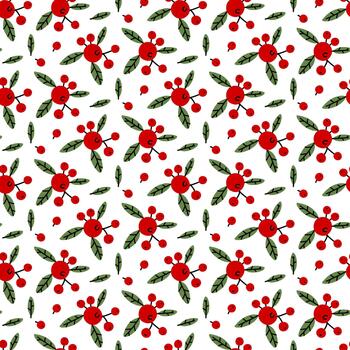 plano modelo de botánico decoraciones repitiendo rojo baya racimos y pequeño verde hojas. Perfecto para envase papel, estacional textil huellas dactilares, digital papel, y superficie decoración vector