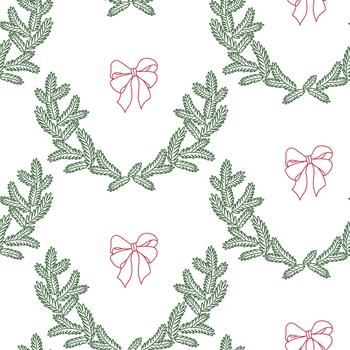 Doodle pattern of botanical decorations Festive fir wreaths and red ribbons scattered across arranged in a semicircle. Perfect for wrapping paper, seasonal textile prints, digital paper, and surface d vector