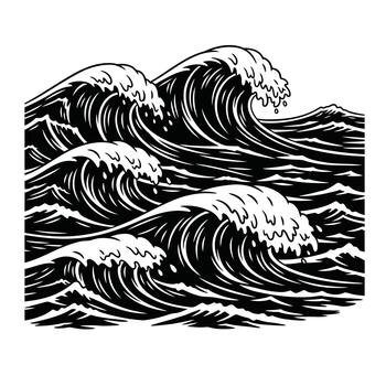 Powerful Ocean Waves Crashing with Foaming Crests in Dynamic Black and White Illustration. vector