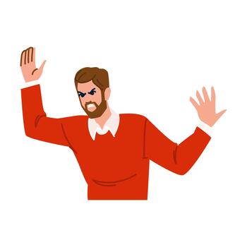 Angry man expressing rage and protesting with raised hands vector