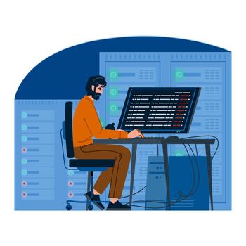 System administrator programming code in a server room vector
