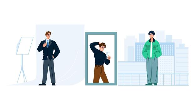 hombre cambiando estilo y posando para imágenes vector