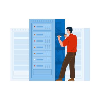 eso técnico haciendo red mantenimiento en servidor habitación vector